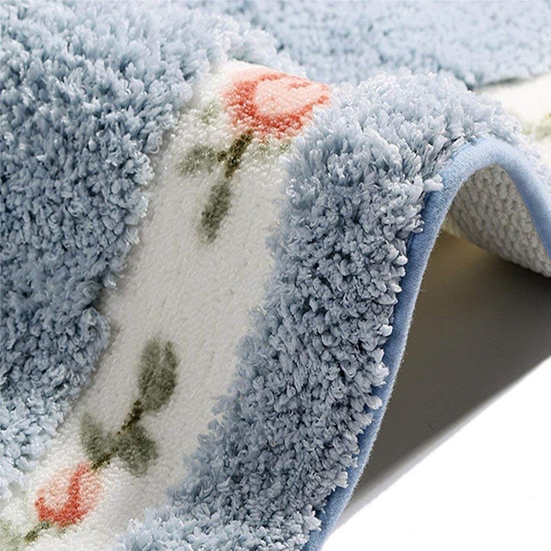 UKELER Absorbent Bathroom Rug Set of 2 Floral Rose Bath Rug Washable Non-Skid Microfiber Shaggy Toilet Rug for Bathroom, 17.7''x29.5''+20''x20'' Bath Mat, Blue - Image 5